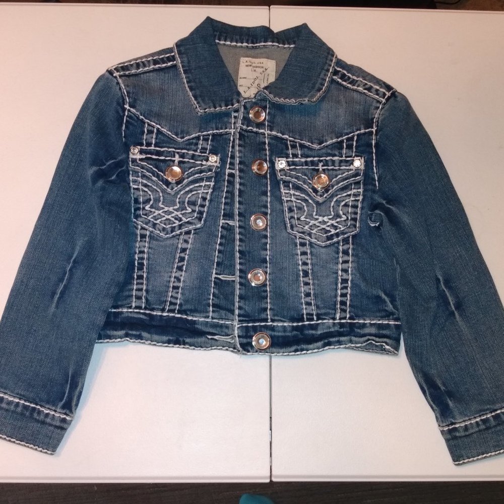 L.A. Idol Cropped Denim Jacket with Faux Crystal Buttons, Size: S